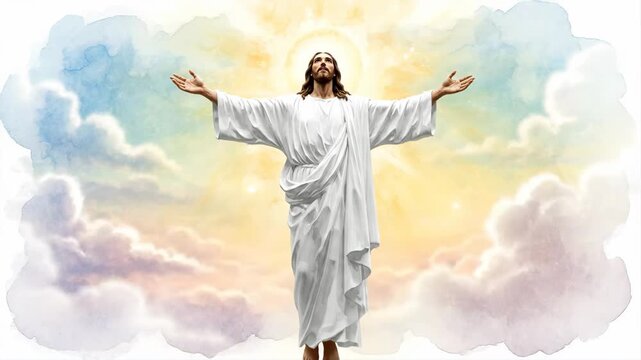 The ascension of jesus christ into heaven shown in three progressive frames with open arms. A spiritual concept of resurrection faith and salvation for the easter holiday