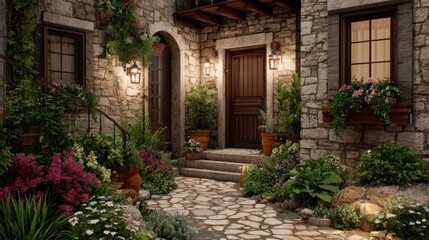 Fototapeta premium Stone house entrance with lush garden