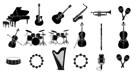 Collection of Musical Instruments Silhouettes on White Background.