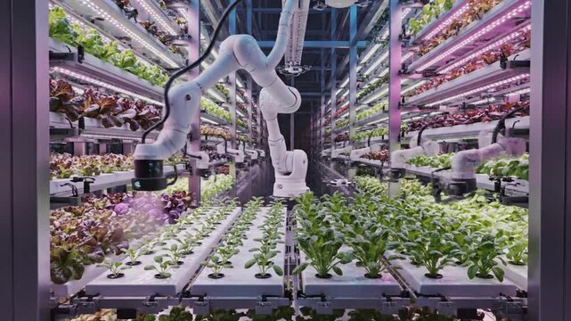 Robotic arm tending to lush green plants in a modern, high-tech indoor vertical farm with multiple rows of planters and a futuristic setup