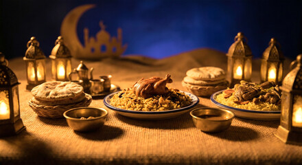 Fototapeta premium Traditional Arabic Food Iftar Dinner on Desert Sand with Lanterns