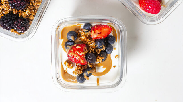 Top view of yogurt parfait with strawberries, blueberries, granola and peanut butter drizzle in glass container. Healthy breakfast or snack concept.