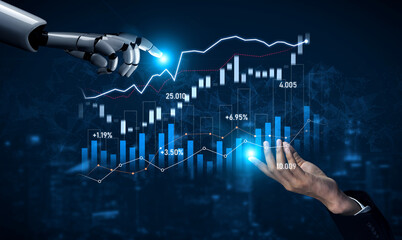 A visually striking representation of a robotic hand interacting with dynamic financial graphs, symbolizing modern analytics and investment strategies in business. Scalp