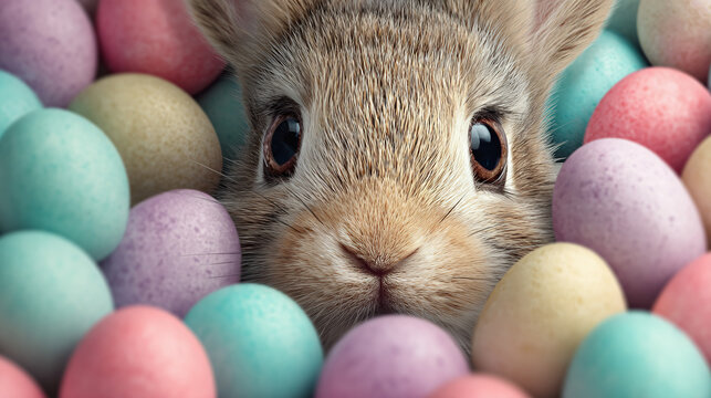 Cute brown bunny peeks out from a colorful pile of pastel Easter eggs in a springtime scene.