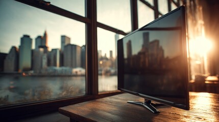 Fototapeta premium Modern television on wooden table with city skyline view and sunlight