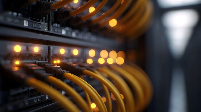 Close up view of illuminated server rack ports connected by yellow Ethernet cables showcasing network infrastructure
