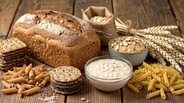 Assortment of whole grain products and complex carbohydrates on a rustic wooden table. Healthy food selection with bread, pasta, oatmeal, and crackers for a balanced diet