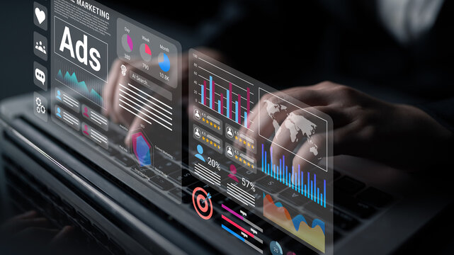 A business professional analyzes digital marketing performance data on a laptop, with colorful charts and graphs overlaying the screen, showcasing insights in a modern office setting. Gantry