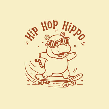 Cool Hip Hop Hippo Skater with Sunglasses on Skateboard.