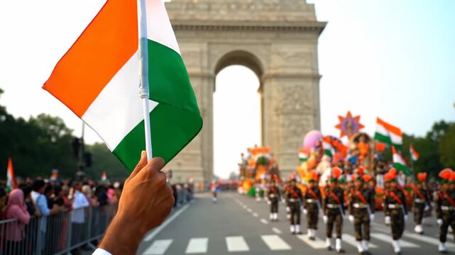 Man holding the indian national flag during the republic day parade in new delhi. Celebrating patriotism and freedom with a military procession at the india gate monument