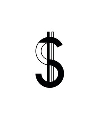 Obraz premium Vector illustration of a linear dollar sign ( ). This currency symbol features a stylized 'S' with a split black and outline design, intersected by a vertical bar. Isolated on white background.