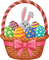 Easter vector illustration of bunny in pink basket with colorful eggs