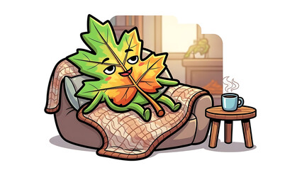 Animated Leaf Characters Relaxing on Couch with Coffee isolated on a transparent background