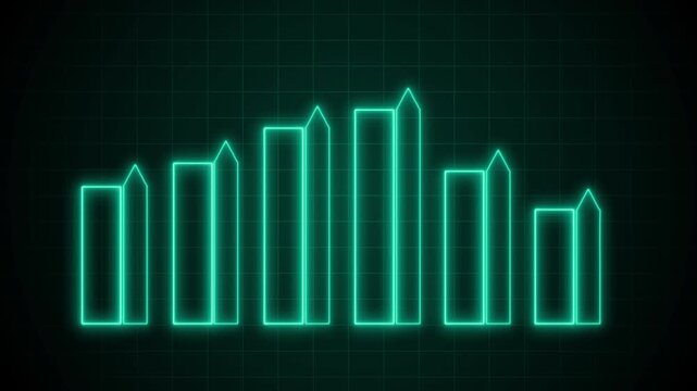 Glowing neon bar chart animation on a dark grid background