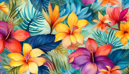 vibrant pattern of tropical flowers in bright colors with bold brushstrokes cute watercolor seamless pattern watercolor print in rustic vintage style textile or wallpapers