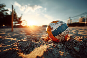 Beach volleyball on sandy court at sunset &ndash; summer sport and outdoor lifestyle