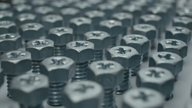 Panoramic banner of industrial hardware with many steel screws and bolts arranged in organized rows. Macro closeup on metal fasteners for manufacturing or construction concepts