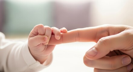Obraz premium Newborn baby's tiny hand holding adult finger, symbol of love, connection, and new life
