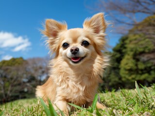 Happy long-haired Chihuahua sitting in the grass on a sunny day