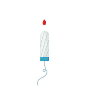 Vector illustration of a tampon with a blue string and blood drop on a white background.