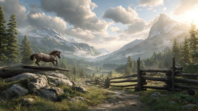 Majestic horse leaps over rocks in a serene mountain valley