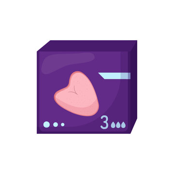 Vector illustration of a purple box of tampons sponges with a pink heart on a white background.