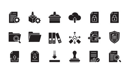 Document management and cloud storage glyph icon set for file security, sharing, and data organization in UI design