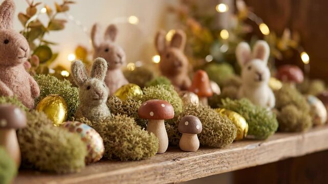 Easter bunny and mushroom display on wooden shelf. Festive spring arrangement with golden eggs and moss. Holiday decoration concept for home celebrations.