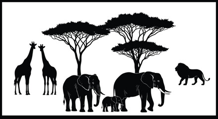 African savanna silhouette, giraffes, elephants, lion, acacia trees, wildlife art, nature illustration, safari landscape, biodiversity, animal silhouettes, ecosystem design © Anonto