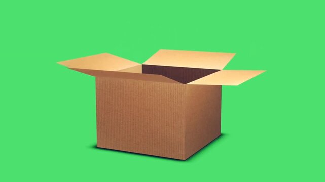 Cardboard box opening on green screen background. 4K cardboard box animation open close rotation 3d animation chroma key packaging delivery storage video.