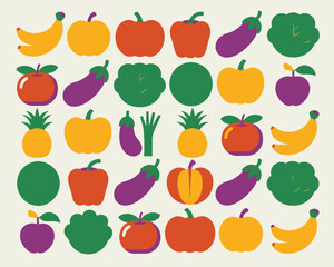 Obraz premium Vibrant Flat Vector Pattern of Fresh Fruits and Vegetables in Playful Colors