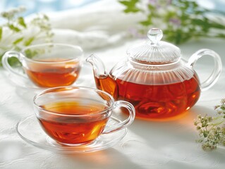 Glass teapot and two cups of herbal tea on a white table