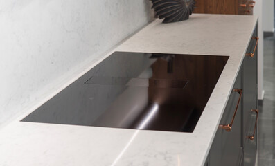 Black glass induction cooktop with integrated hood