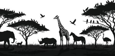 Savannah wildlife silhouette vector illustration set, black white clipart of elephant giraffe rhino ostrich tree design, artwork bundle for African nature themes © Anonto