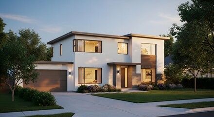 Modern white and brown two-story house with flat roof, large windows, attached garage, and landscaped front yard