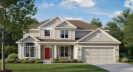 Two story family home with beige siding red front door and attached garage on sunny day.