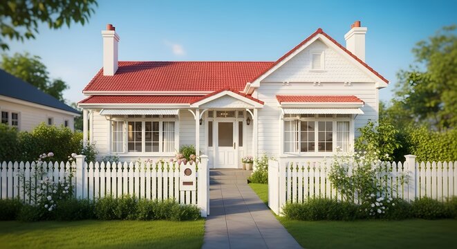 Charming white weatherboard house with red roof and picket fence, nestled among green lawn and blossoming rose bushes