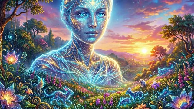 Mystical woman with glowing blue aura in enchanted forest at sunset. Ethereal female figure connecting to nature energy. Fantasy digital art visualization of spiritual awakening and harmony.