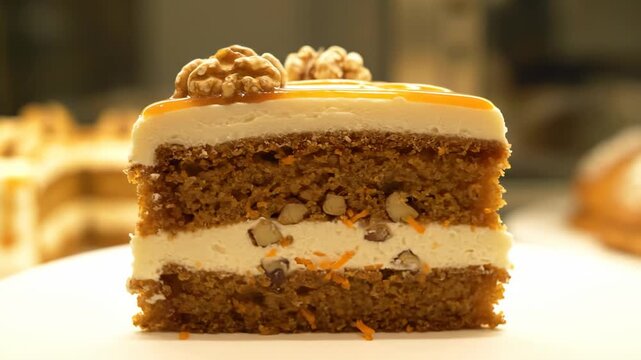 Gourmet slice of carrot cake with walnuts and rich cream cheese frosting. Delicious layered dessert with pecans and caramel sauce served on a white plate in a cafe