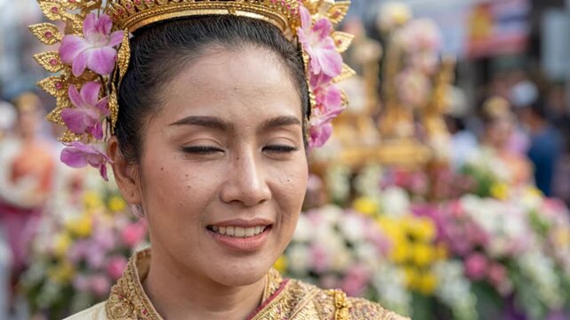 Thai woman in golden floral headdress smiling during cultural festival. Asian beauty in traditional attire posing for parade celebration. Joyful expression in festive crowd background.