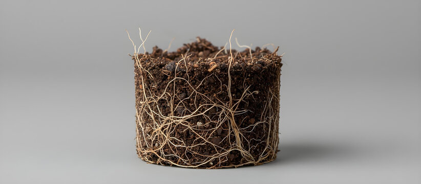 Compact cylindrical soil sample with densely interwoven plant roots.