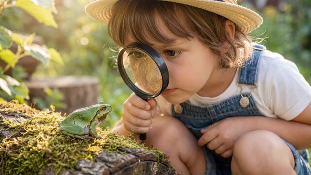 Curious child examines frog through magnifying glass on mossy log. Toddler in hat and overalls explores nature outdoors. Discovery and learning concept in garden setting.