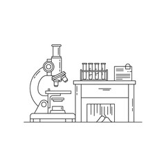 A detailed line art illustration of a laboratory setup featuring a microscope and test tubes on a desk. © Ndog Bebek