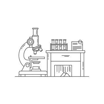 A detailed line art illustration of a laboratory setup featuring a microscope and test tubes on a desk.