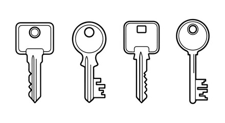Collection of four line art icons representing different types of keys, perfect for security or access related concepts in design