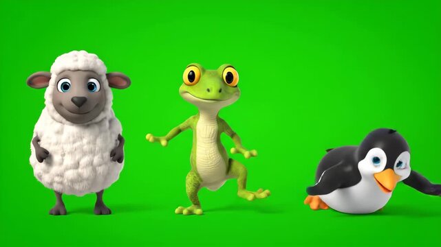 A group of cute cartoon animal friends including a sheep, lizard, and penguin. Animation sequence showing different poses and expressions on a versatile green screen background