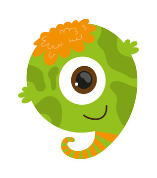 Vector illustration of a green monster comma with an eye and a smile. The character is cute and designed for children's illustrations and games.