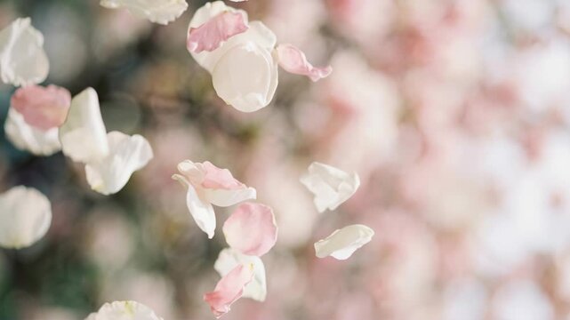 Gentle cascade of pink rose petals falling in slow motion. Romantic floral shower symbolizing love and celebration in wedding or festive scenes.