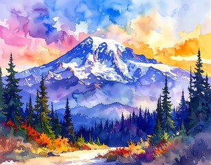 Watercolor painting of a snow-capped mountain peak surrounded by colorful clouds and trees in a vibrant landscape
