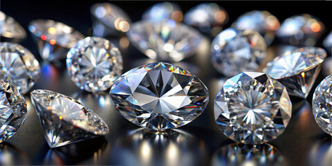 Many diamonds are arranged on a dark surface. Each diamond reflects light distinctly. The diamonds vary in shape and show clarity and brilliance. The scene shows the beauty of gemstones